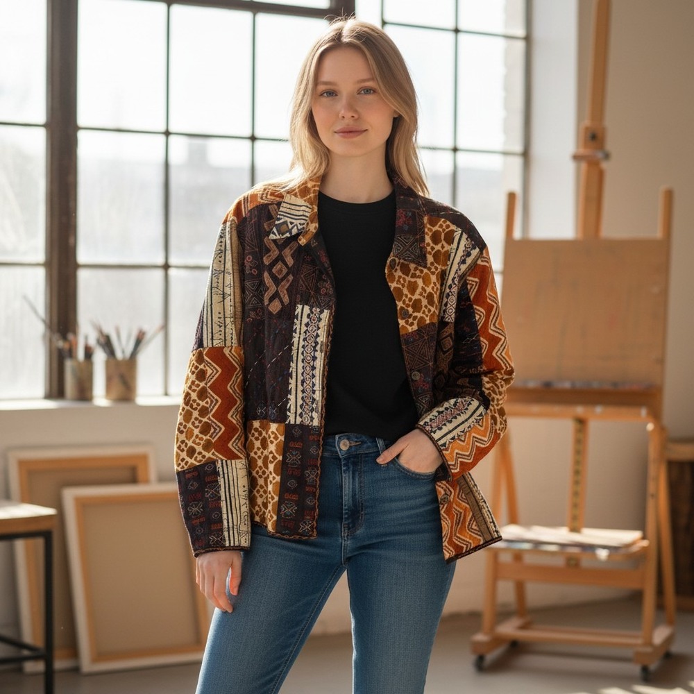 Chico's Patchwork Jacket Womens 2 Brown Embroidered Silk Applique Boho